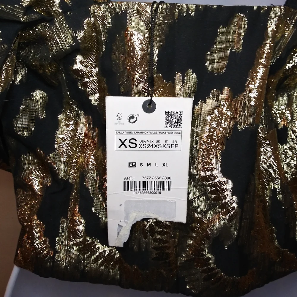 Zara Black & Gold Lame´ Puffed Sleeve Special Occasion Cropped Top - Picture 10 of 15